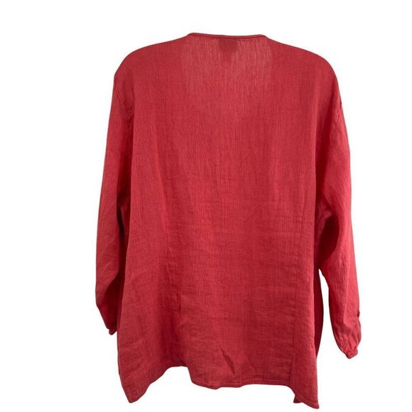 Eileen Fisher System Size 2X Collarless Button Shirt Coral Red Boxy Linen Cotton - Picture 8 of 11